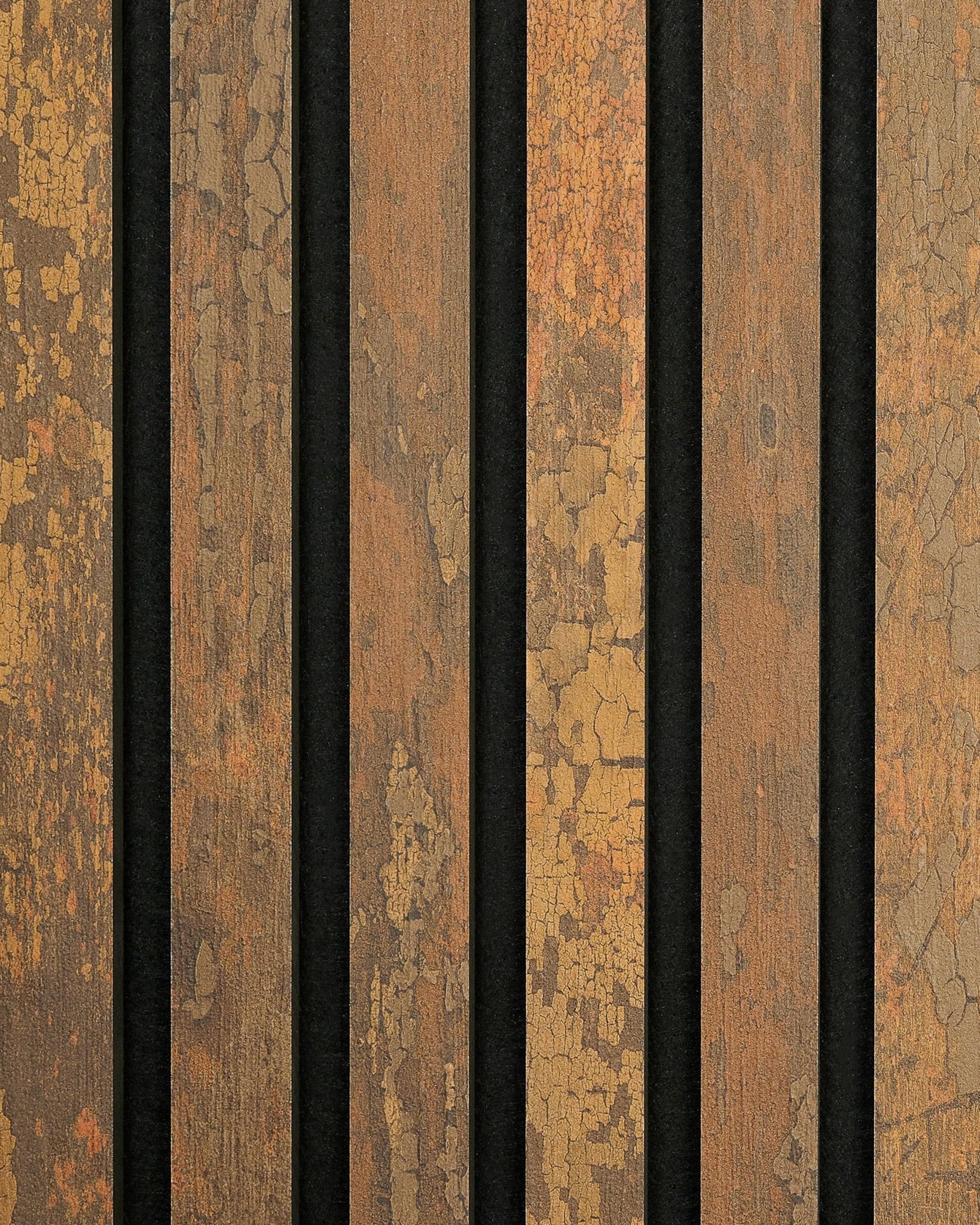 De Rebel | Sample / Copper Oxide van WoodUpp toont rustieke brown vertical Akoestisch paneel planken met een verweerde, vintage uitstraling.