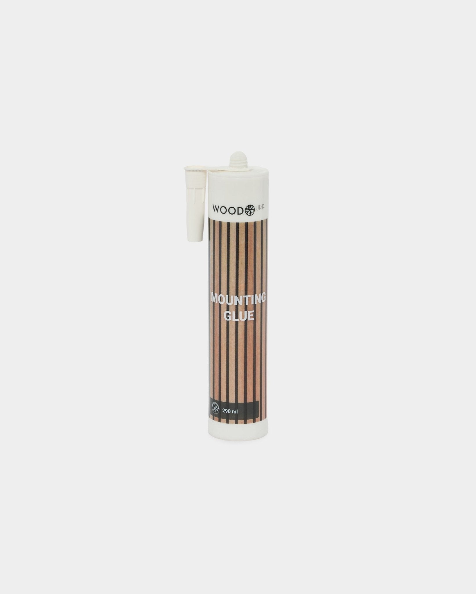 Tube van 290 ml WoodUpp montagelijm met een brown-gestreept label en applicatietuit, ontworpen voor de stevige montage van Akupanel akoestische panelen.