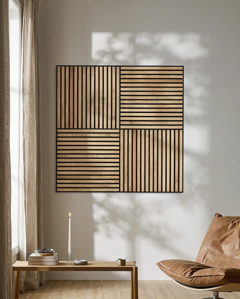 Moderne woonkamer met een leren stoel, een brandende kaars en WoodUpp Akupixel Akoestisch paneel in Rustic Natural Oak, die geometrische schaduwen op de muur werpt.