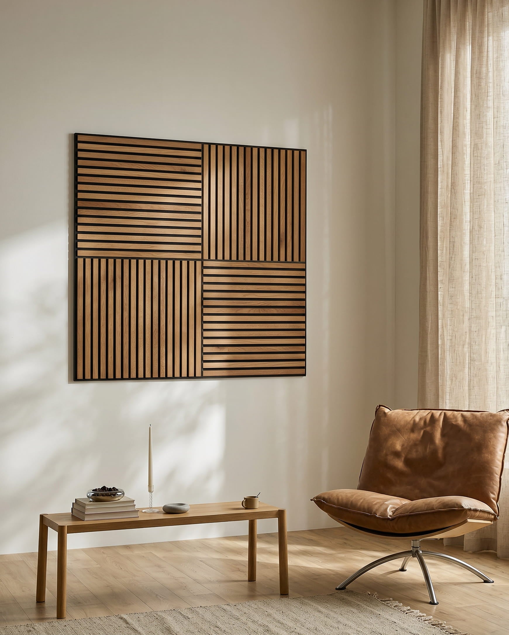 Minimalistische woonkamer met een brown loungestoel, houten salontafel en WoodUpp Akupixel Rustic Brown Oak Akoestisch paneel aan de muur, in natuurlijk licht.