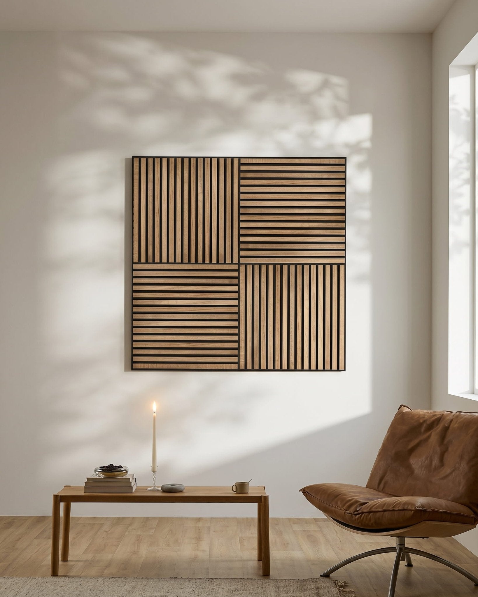 Minimalistische Scandinavische ruimte met een WoodUpp Akupixel Walnut Akoestisch paneel aan de muur, een brandende kaars op een lage tafel, boeken en een brown stoel bij het raam.