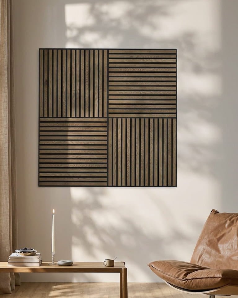 Minimalistische ruimte met een leren stoel, kaars en WoodUpp Akupixel Akoestisch paneel in rustiek grey oak, die geometrische schaduwen op de muur werpt.