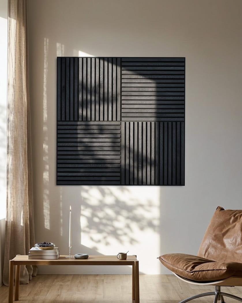 WoodUpp Akupixel Akoestisch paneel, 60x60 cm, heeft black essenhouten latten op een vilten achterkant; minimalistisch Scandinavisch design dat past in moderne interieurs.
