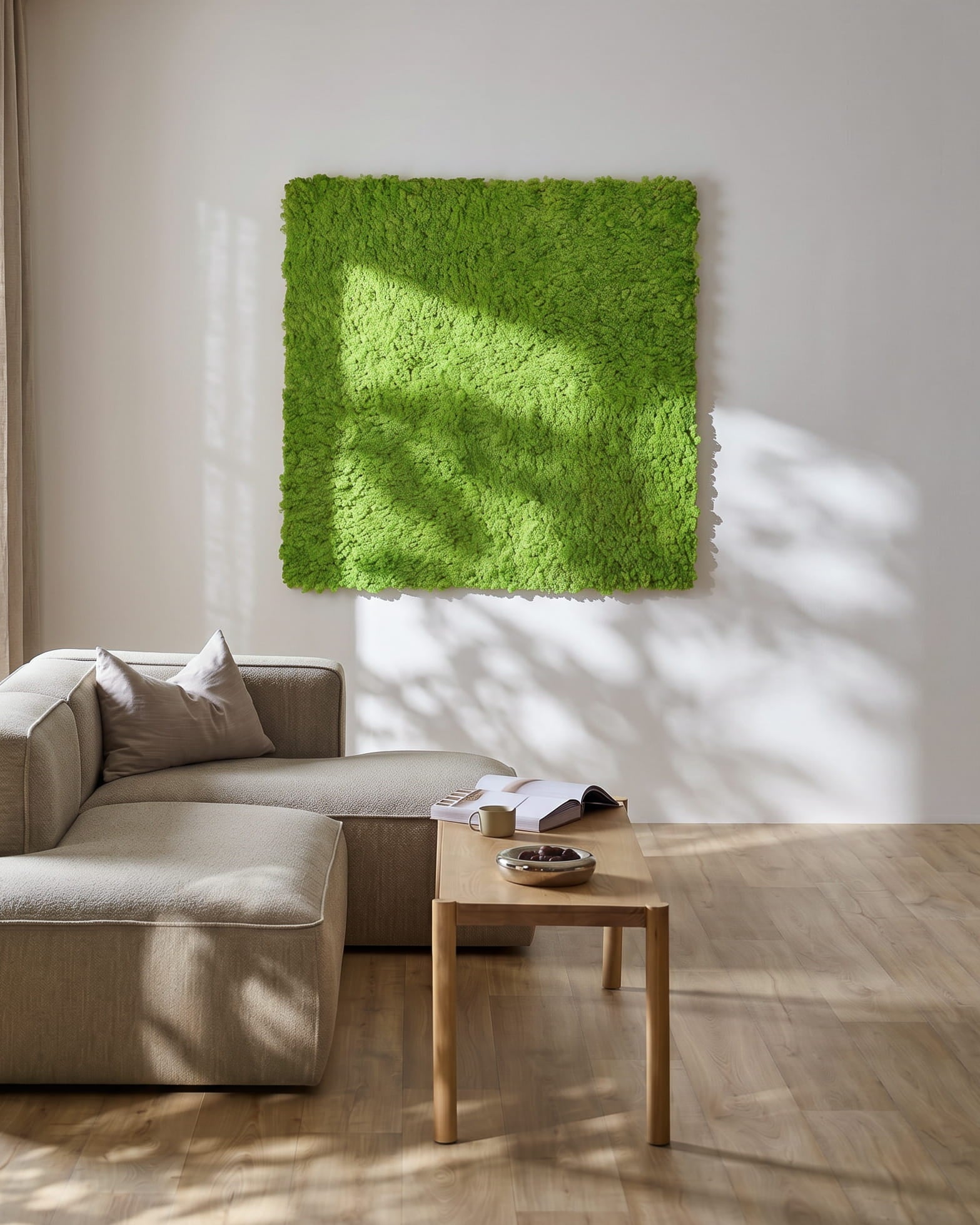 Moderne woonkamer met een beige bank en WoodUpp Akupixel Akoestisch paneel in Moss / Apple Green, 60x60 cm, aan de muur gemonteerd. Zonlicht werpt schaduwen in de buurt.