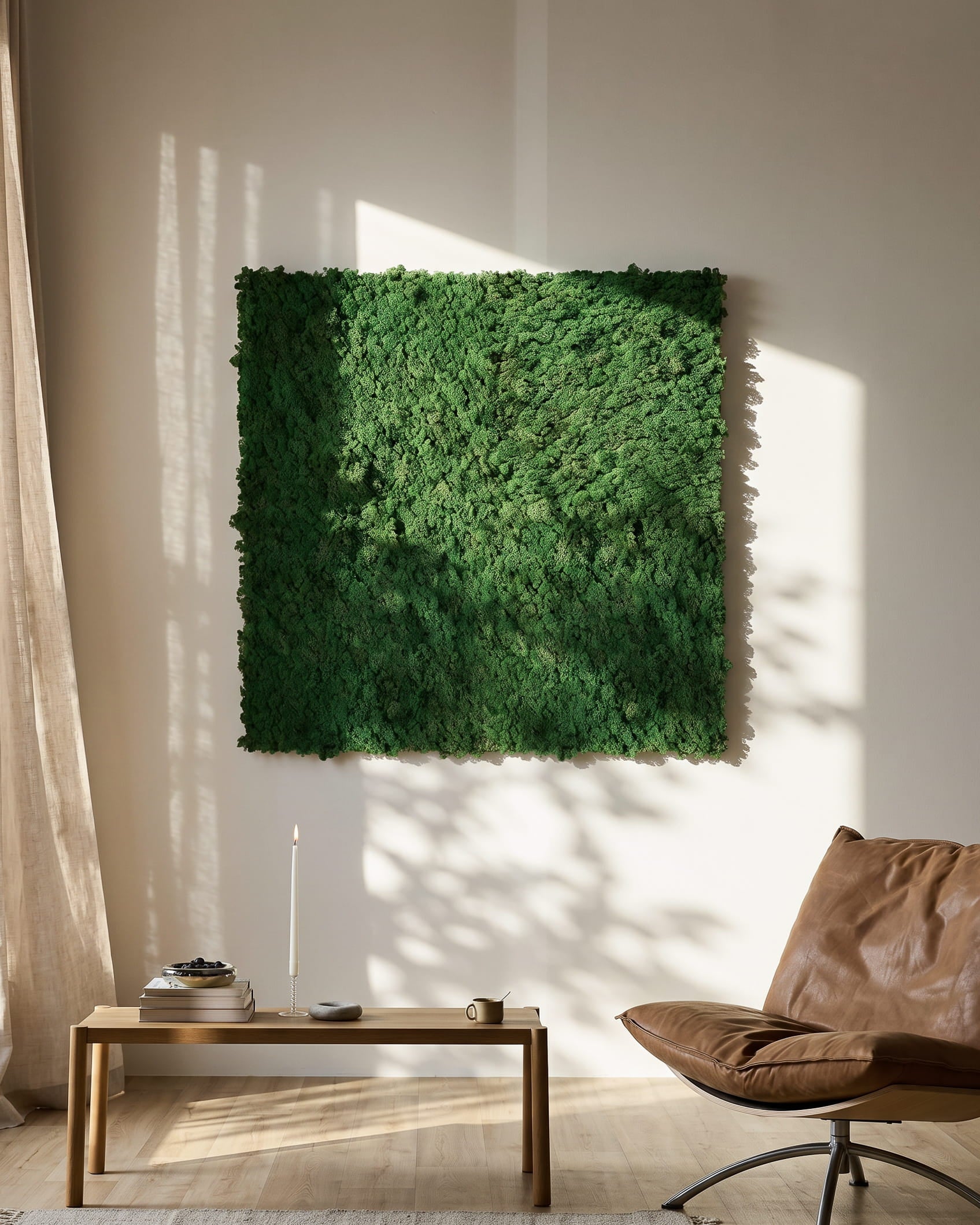 WoodUpp Akupixel Moss Green Akoestisch paneel (60x60 cm), gemonteerd op een beige muur boven een minimalistische tafel en een brown leren stoel.