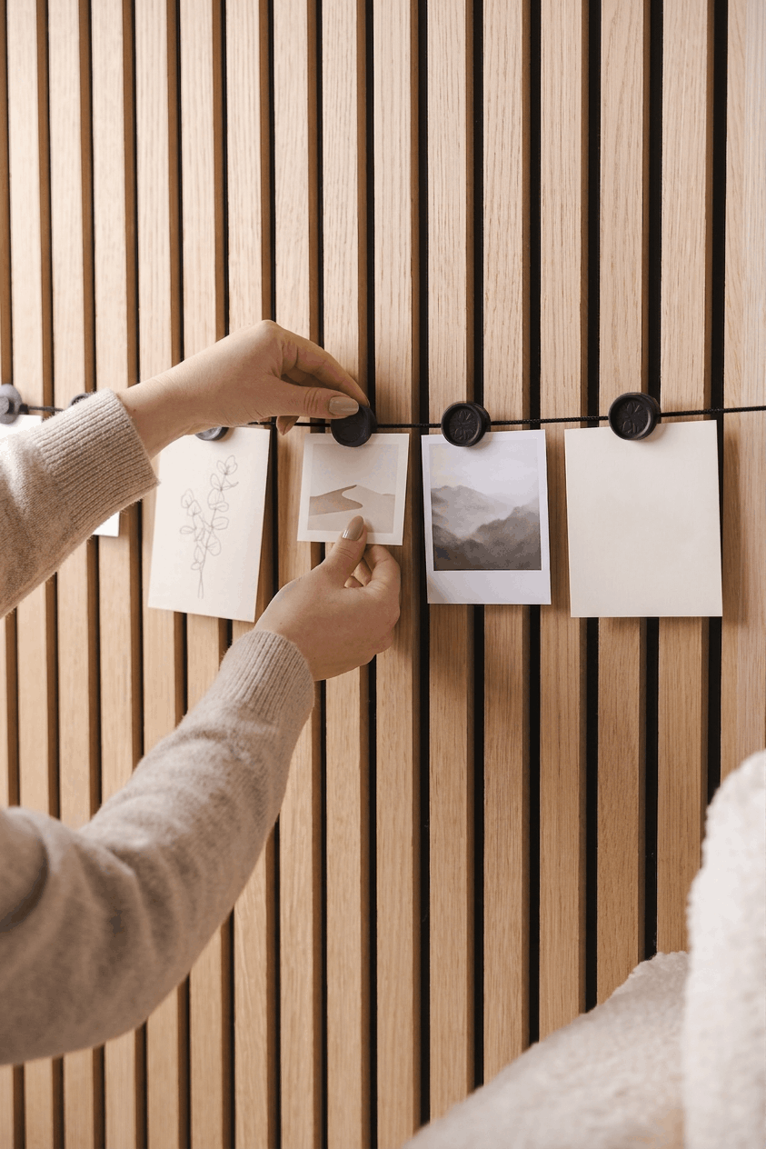 Iemand bevestigt foto's en schetsen aan de Vindar | Gallery String van WoodUpp met neodymiumclips op een Nordisch Akupanel akoestisch houten lattenpaneel.