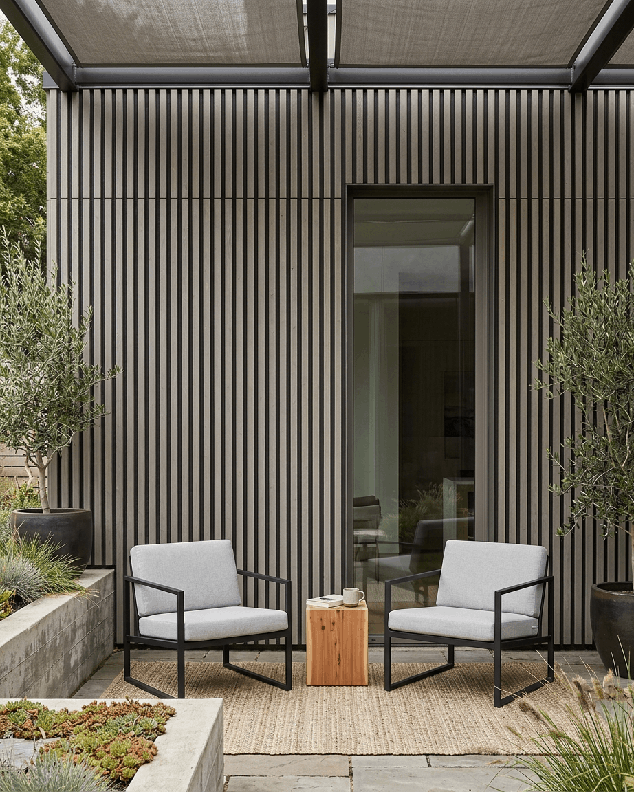 Twee grijze fauteuils en een tafel op een patio met weelderige planten, met WoodUpp Aluwood Outdoor Thermowood gevelpanelen in grey op de achtergrond.