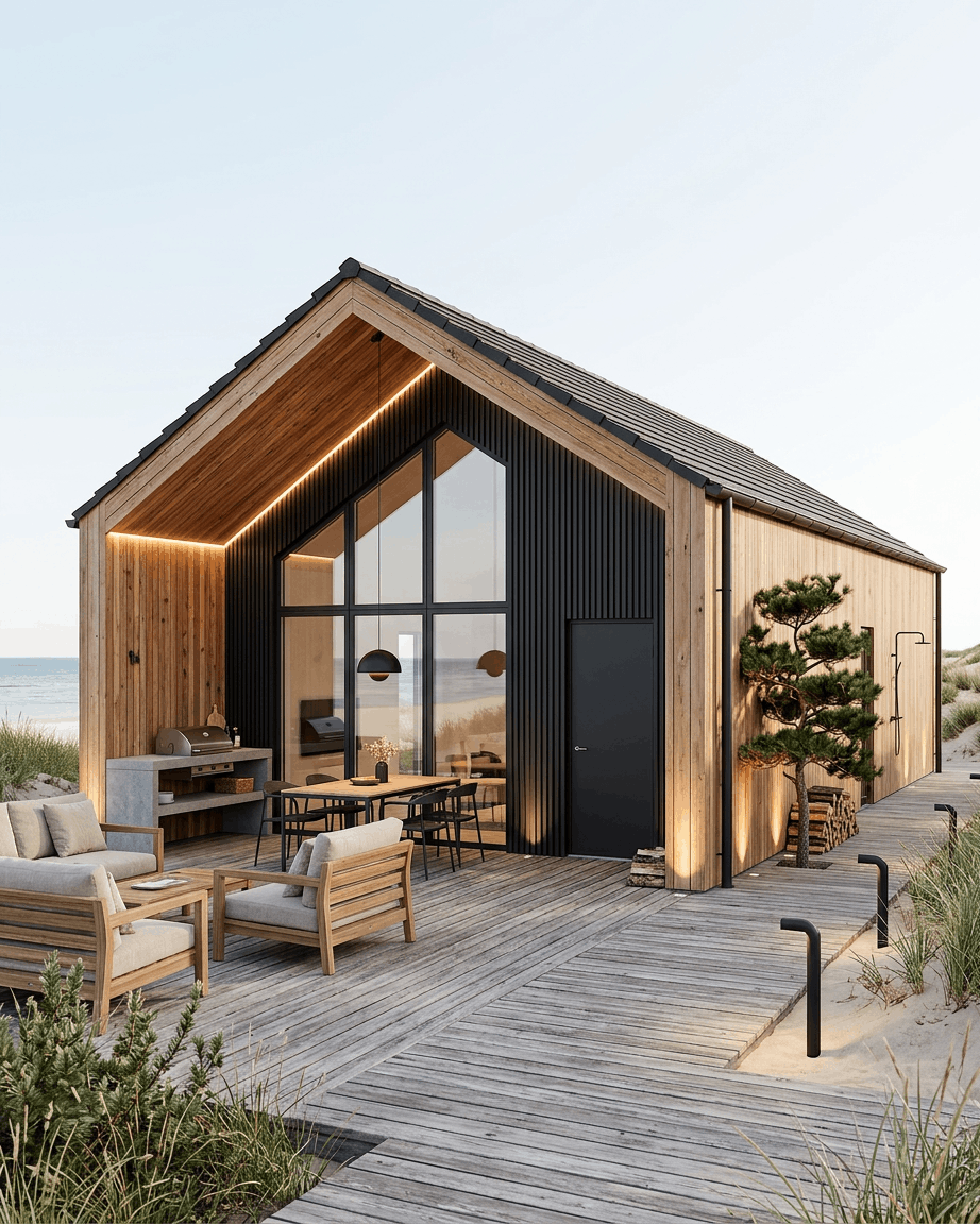 Modern strandhuis met large glazen ramen, buitenzitplaatsen en WoodUpp Aluwood black gevelpanelen, omringd door zandduinen en helmgras.