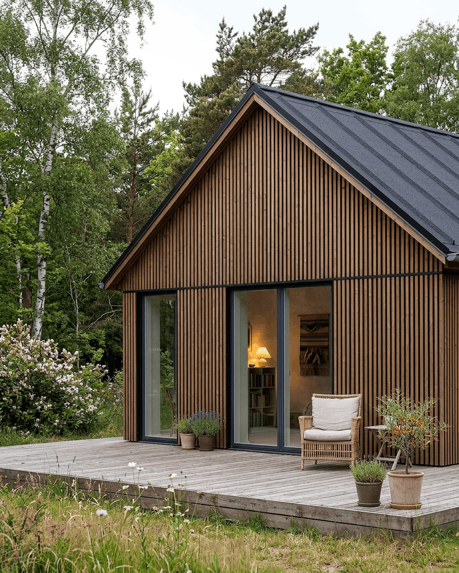 Moderne cabin met WoodUpp Aluwood-gevelpanelen voor buiten in geolied brown Thermowood, large glazen deuren, een terras, planten in potten en een buitenstoel tussen de bomen.