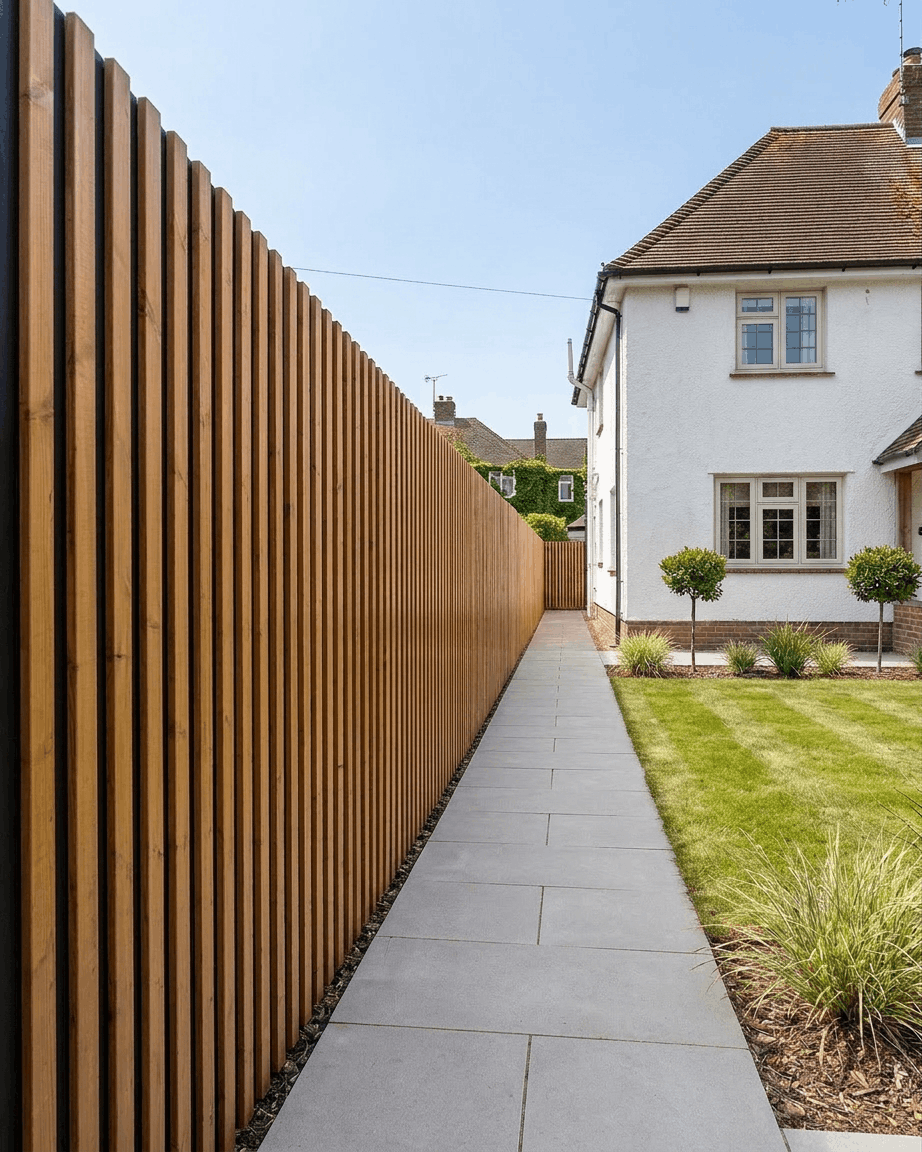 Des panneaux de façade WoodUpp Aluwood en Thermowood huilé brown (240 x 45,1 cm) forment une clôture le long de l’allée d’une maison blanche entourée de pelouse et de buissons.