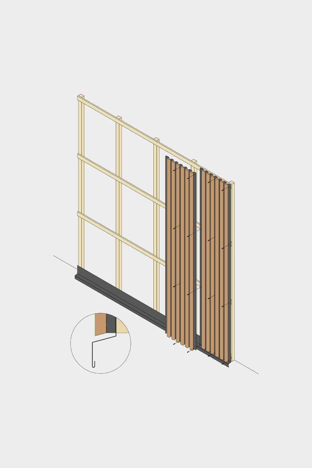 Isometrische tekening van de installatie van het WoodUpp Aluwood gevelpaneel, onderste deel van 240 cm, met houten latten, black afwerking en detail van de bevestiging van de latten.
