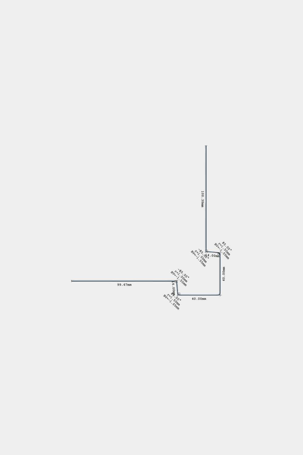 Technische tekening van WoodUpp Aluwood buitenhoek 240 cm, met mm-hoeken en lengtes voor hoeken van gevelpanelen voor buiten met aluminium buitenhoekprofiel.