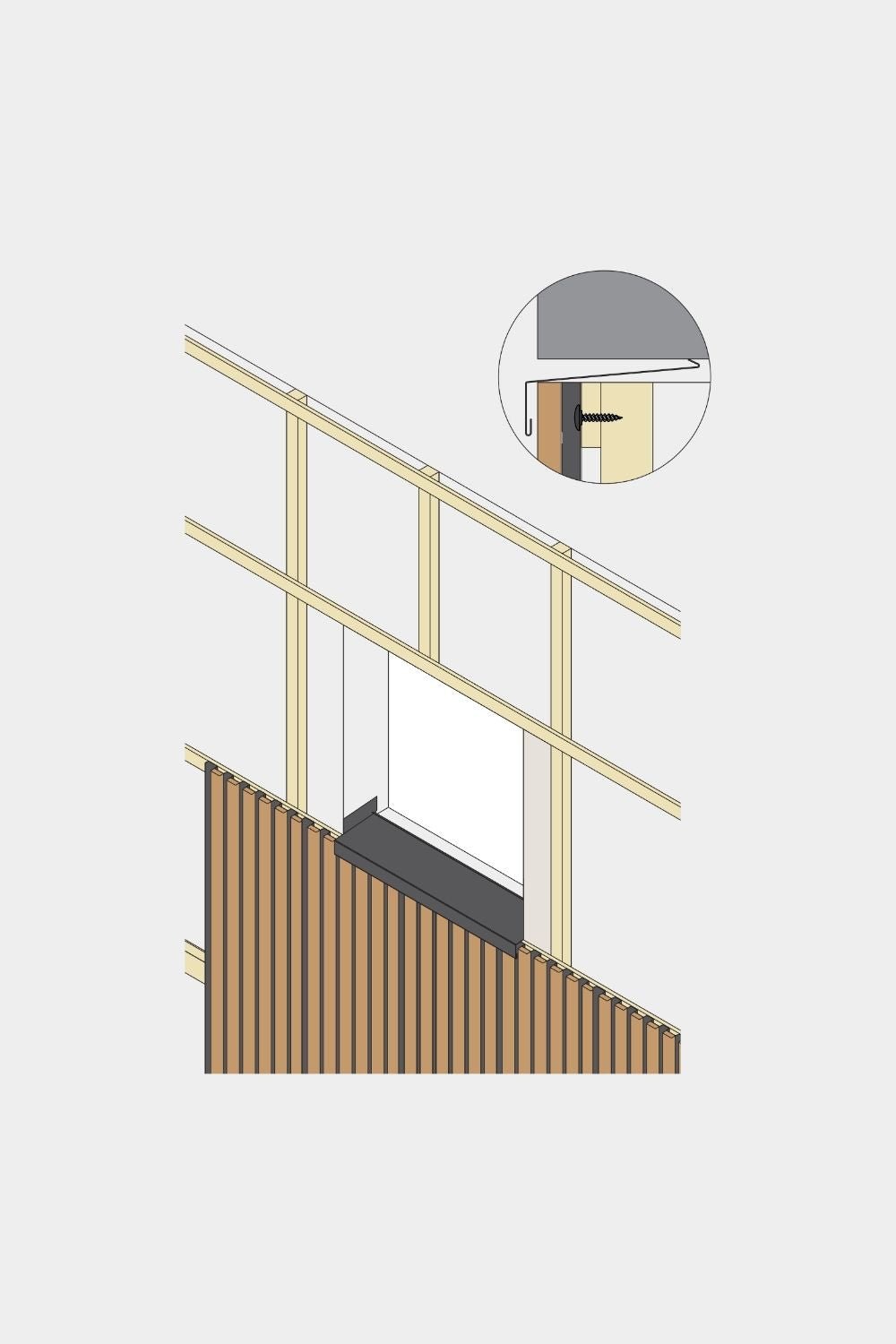 Diagram van een WoodUpp Aluwood gevelpaneel vensterbank (240 cm), met uitleg over het voorkomen van waterindringing bij het aluminium profiel met schroefbevestiging.