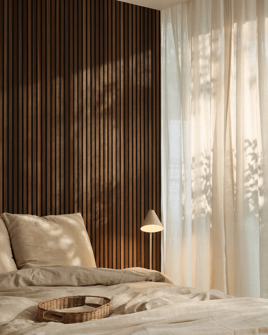 Chambre avec du linge de lit beige, des rideaux voilés, et un panneau mural acoustique à lattes WoodUpp Akupanel en mélèze fumé avec du feutre black, baigné par la lumière du soleil.