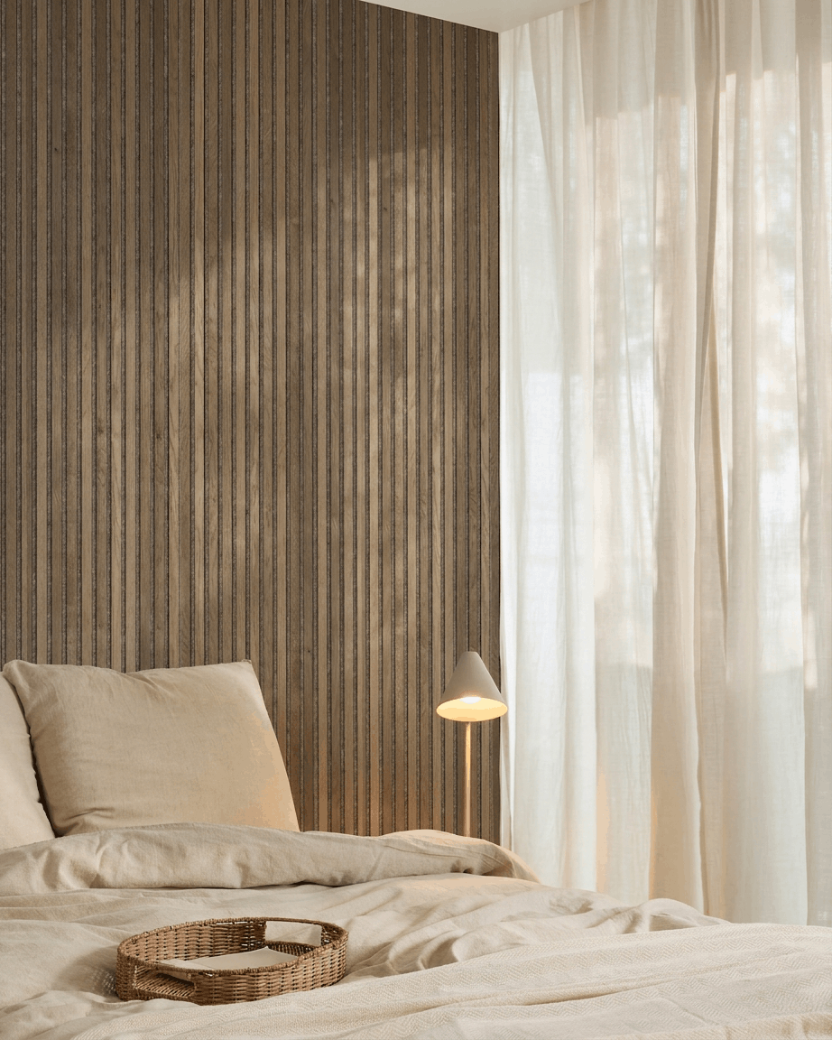 Akupanel |  Acoustic Panel / Natural Wood, Rustic Grey Oak, Warm Grey Felt, 240 x 60 cm 