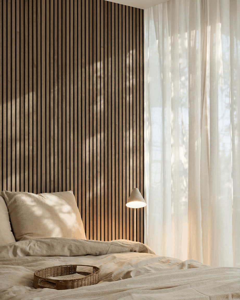 Chambre minimaliste d’inspiration scandinave avec un mur acoustique à lattes WoodUpp Akupanel en noyer, du linge de lit beige, un plateau en osier sur le lit, et des rideaux vaporeux qui filtrent une lumière douce.