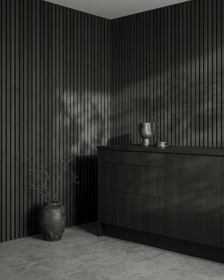Akupanel | Acoustic Panel / Natural Wood, Black Ash, Black Felt, 300 x 60 cm 