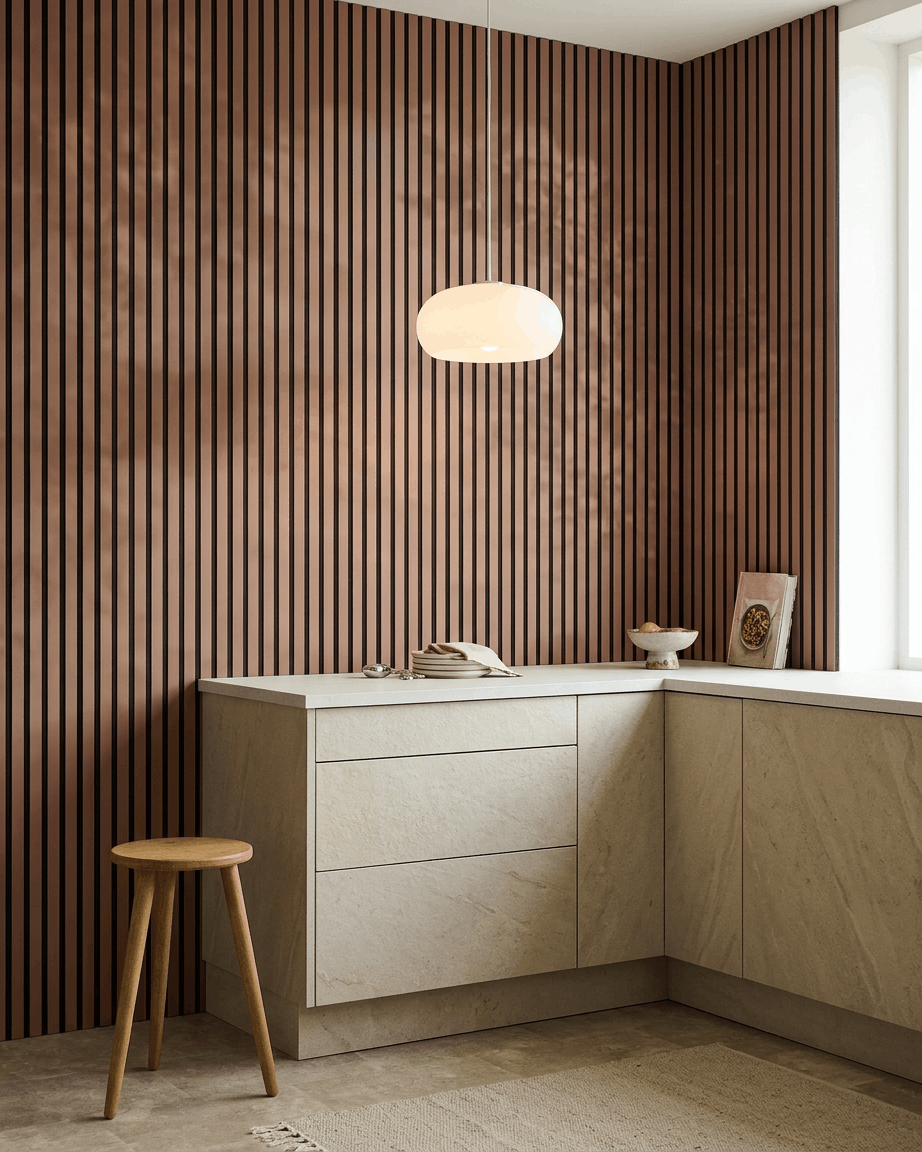Keuken met beige kasten, een houten kruk en WoodUpp Akupanel Akoestisch paneel in Clay met Black Felt op de muur. Ronde hanglamp boven het aanrecht.