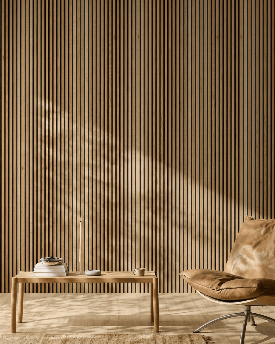Minimalistische ruimte met een lichtbruine leren stoel, lage houten tafel en een WoodUpp Akupanel akoestisch houten lattenpaneel in Rustic Brown Oak-afwerking, verlicht door zonlicht.