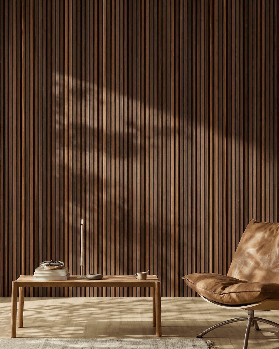 Scandinavisch interieur met een WoodUpp Akupanel Akoestisch paneel in gerookte lariks, brown leren stoel, houten tafel en zonlicht dat op de vloer valt.