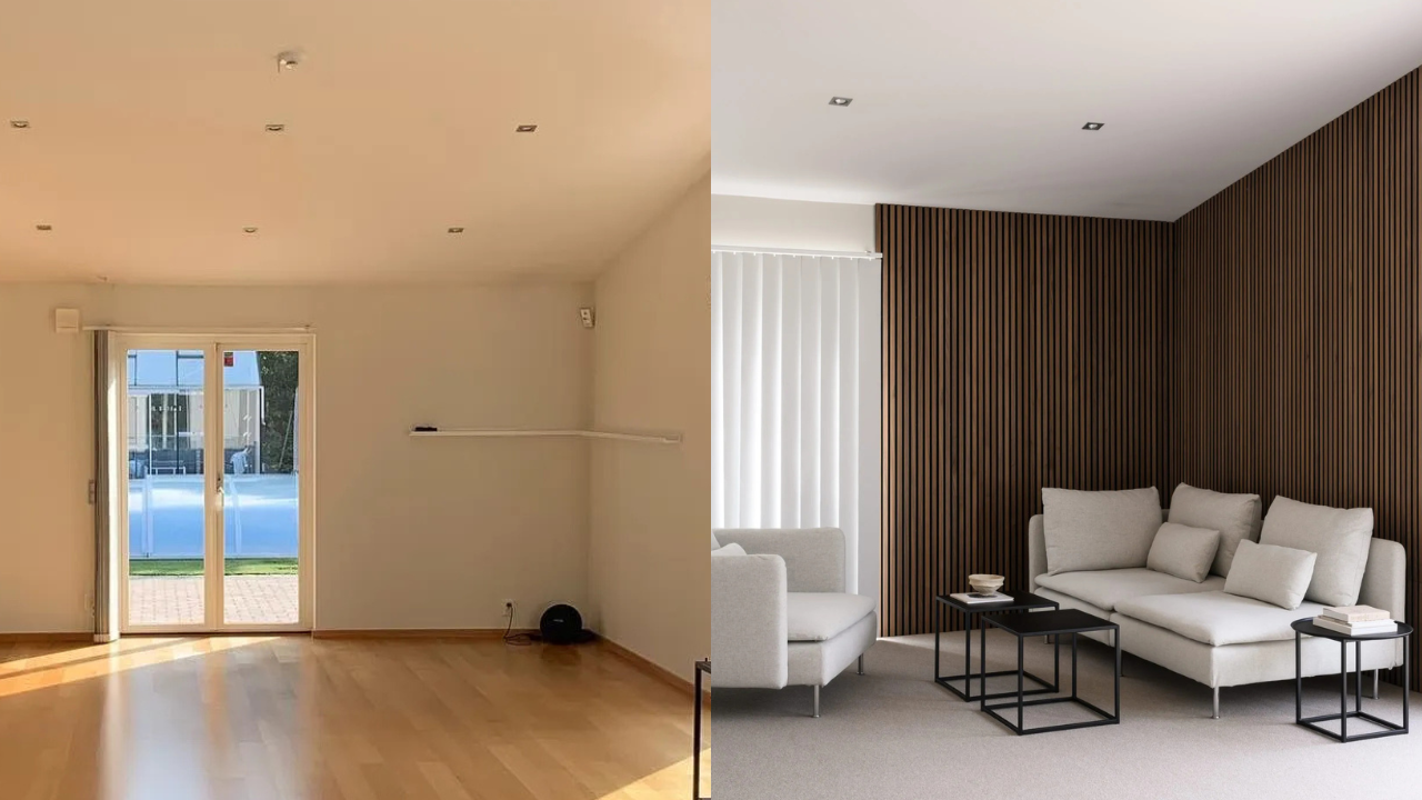 Gedeelde scène: links een lege kamer met houten vloeren en glazen deuren; rechts een woonkamer met banken en akoestische Akupanel lamellenwand.