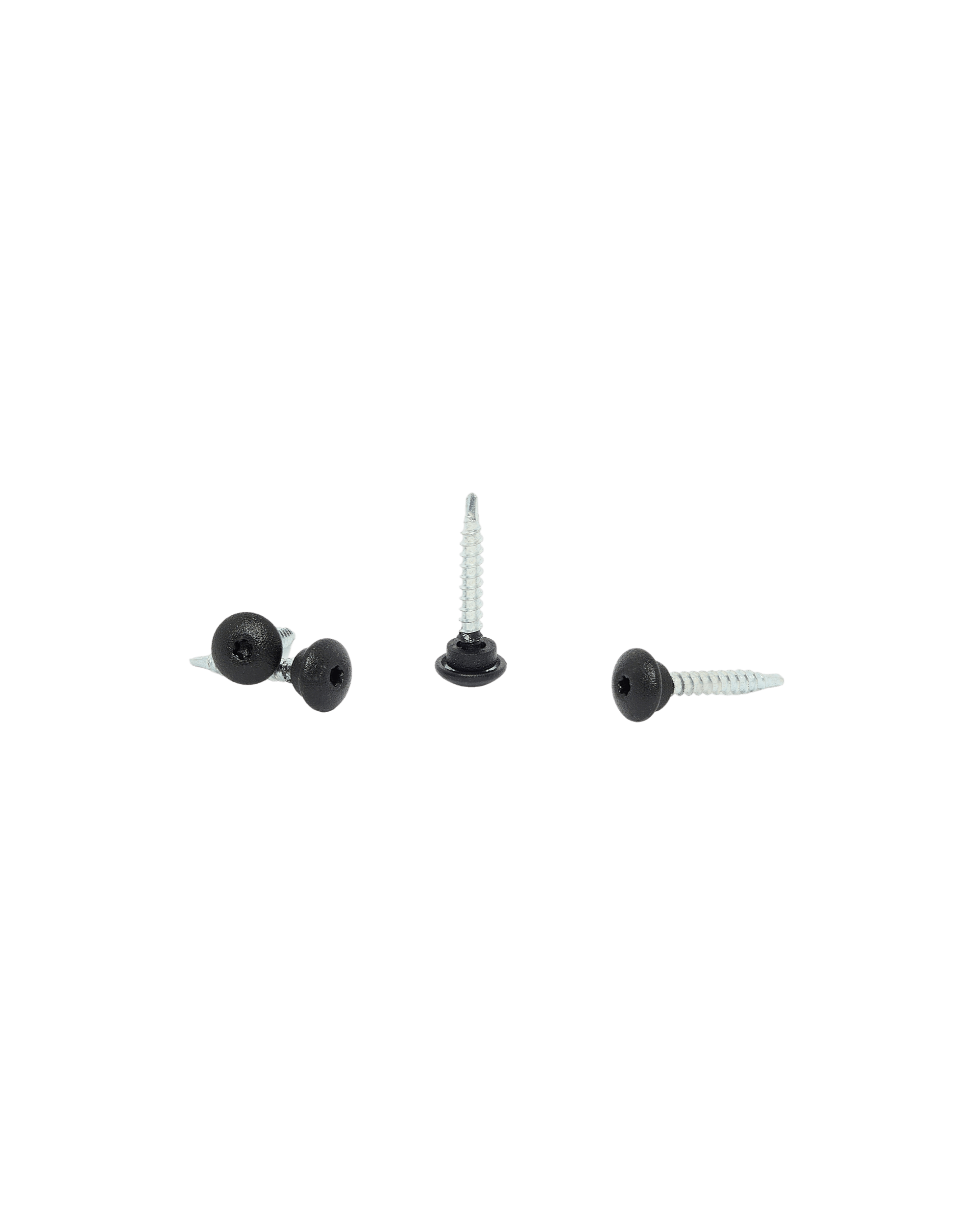 Three small stainless steel screws with round black heads, used for installing acoustic panels, are arranged on a white background; two lie flat, one stands upright.