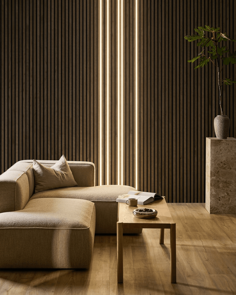 Salon minimaliste avec un canapé beige, une table basse en bois et un grand vase, devant un mur en panneau acoustique bois WoodUpp Akupanel, éclairé par la bande LED Lumi.